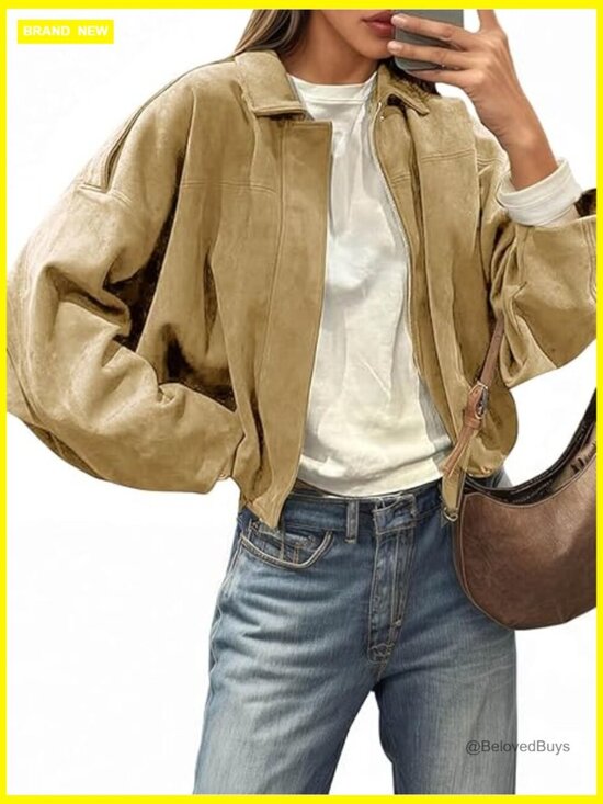 Jackets & Blazers - Faux Suede Bomber Jacket Oversized Cropped Zip Up Lapel Coat